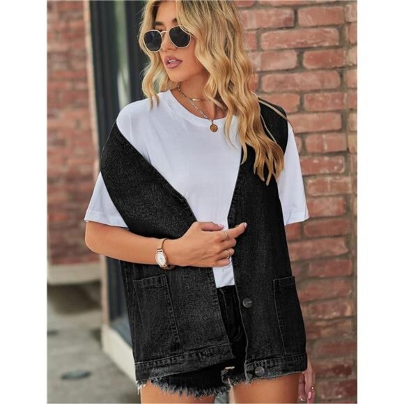 New Women's Cropped Distressed Denim Vest - Ripped Sleeveless Jean Jacket with - Picture 2 of 7